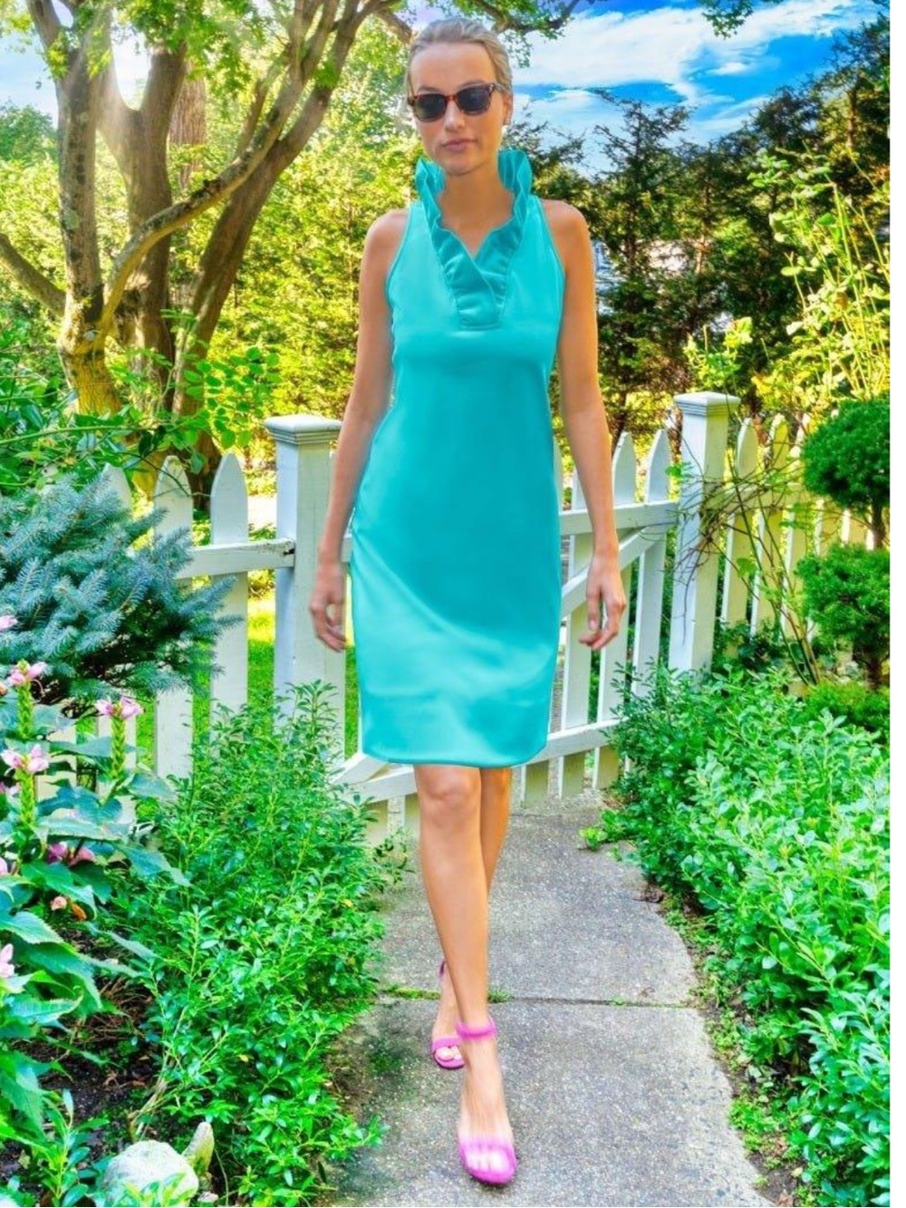 NWT Gretchen Scott Jersey Ruffneck Sleeveless Dress Turquoise Preppy Vacation XL